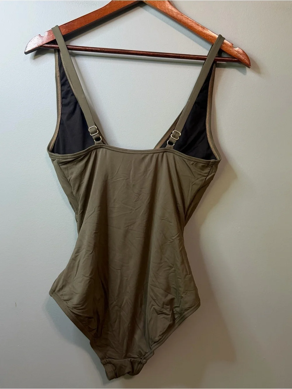 Michael Kors Olive Green V Neck Wrap One Piece Swimsuit Size 8 Gold MK Logo